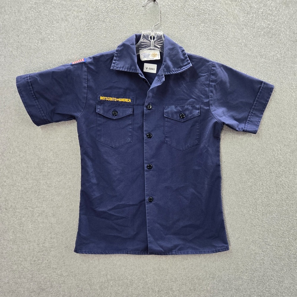 Boy Scouts of America Boys Button Up Shirt Medium Blue Logo USA Flag Patch